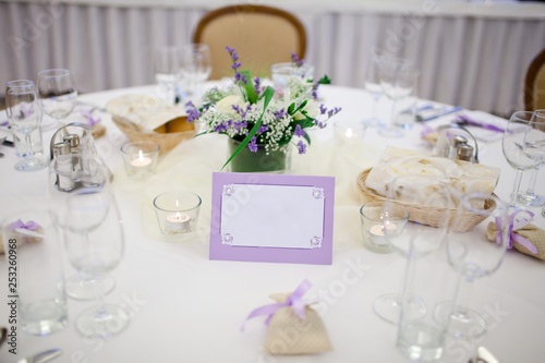 Wedding decorated table - empty panel - purple frame.