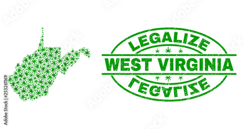 Vector cannabis West Virginia State map mosaic and grunge textured Legalize stamp seal. Concept with green weed leaves. Template for cannabis legalize campaign.