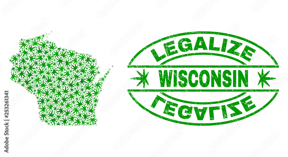 Vector cannabis Wisconsin State map mosaic and grunge textured Legalize stamp seal. Concept with green weed leaves. Concept for cannabis legalize campaign.