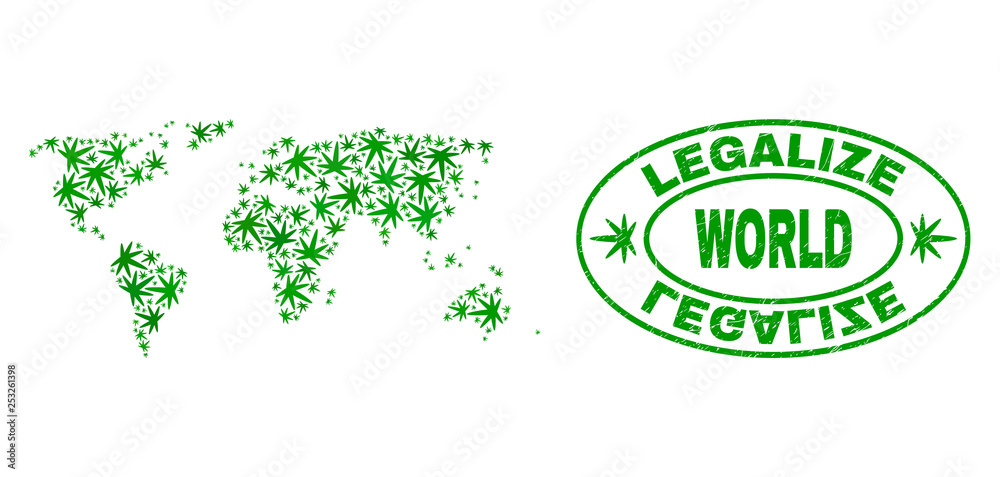 Vector marijuana world map collage and grunge textured Legalize stamp seal. Concept with green weed leaves. Concept for cannabis legalize campaign. Vector world map is designed with marijuana leaves.