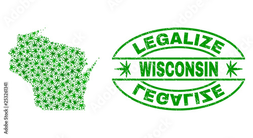 Vector cannabis Wisconsin State map mosaic and grunge textured Legalize stamp seal. Concept with green weed leaves. Concept for cannabis legalize campaign.
