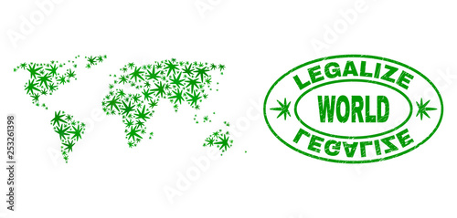 Vector marijuana world map collage and grunge textured Legalize stamp seal. Concept with green weed leaves. Concept for cannabis legalize campaign. Vector world map is designed with marijuana leaves.