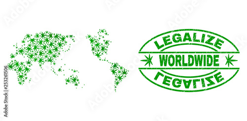 Vector marijuana worldwide map mosaic and grunge textured Legalize stamp seal. Concept with green weed leaves. Concept for cannabis legalize campaign. Vector worldwide map is formed with ganja leaves.