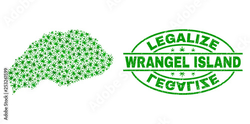 Vector cannabis Wrangel Island map collage and grunge textured Legalize stamp seal. Concept with green weed leaves. Concept for cannabis legalize campaign.