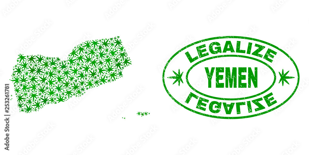 Vector cannabis Yemen map mosaic and grunge textured Legalize stamp seal. Concept with green weed leaves. Concept for cannabis legalize campaign. Vector Yemen map is organized with marijuana leaves.