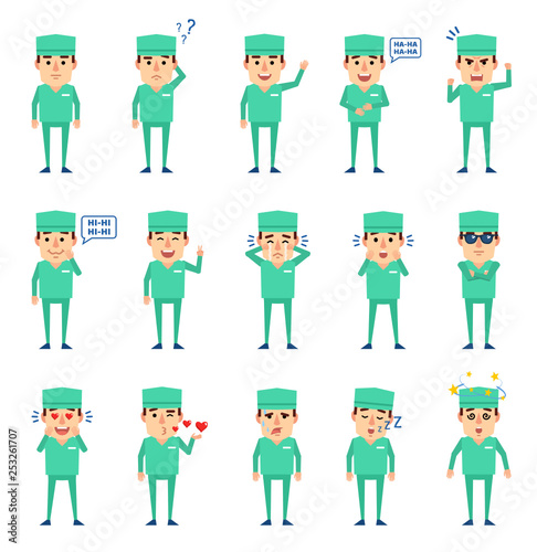 Set of doctor characters showing various emotions. Cheerful doctor laughing, sleeping, tired, surprised, in love and showing other emotions. Flat design vector illustration