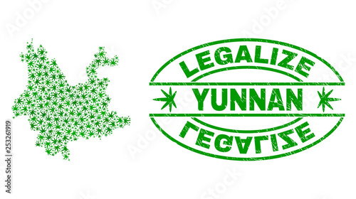 Vector cannabis Yunnan Province map mosaic and grunge textured Legalize stamp seal. Concept with green weed leaves. Concept for cannabis legalize campaign.
