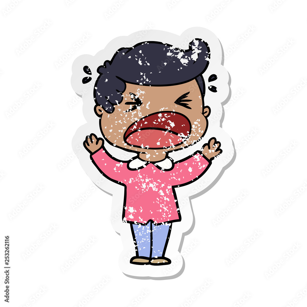 distressed sticker of a cartoon shouting man distressed sticker of a cartoon shouting man
