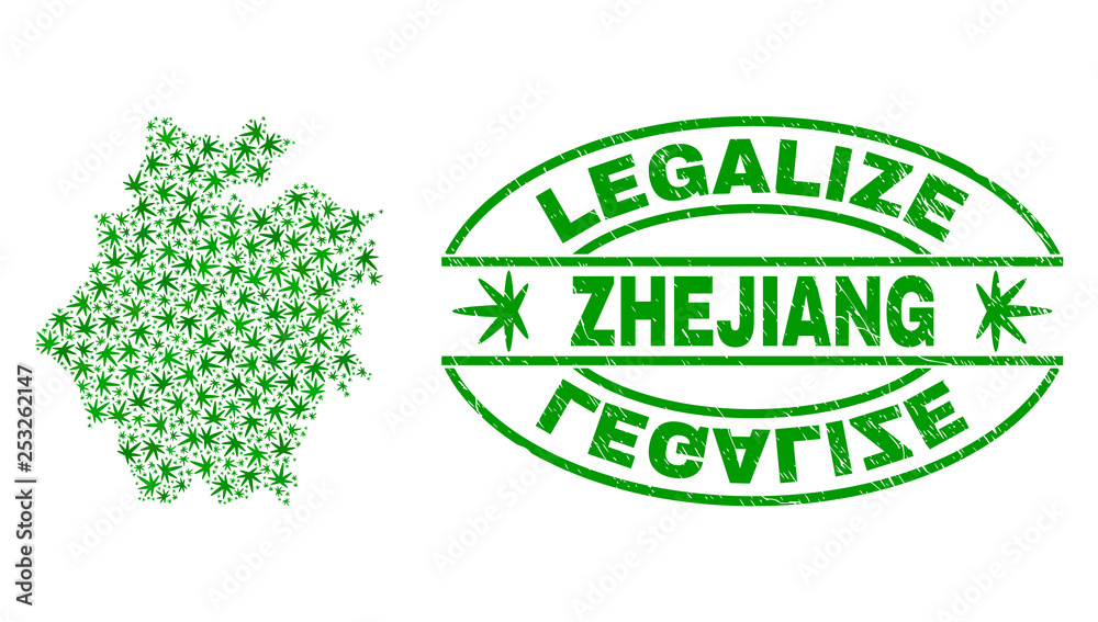 Vector cannabis Zhejiang Province map collage and grunge textured Legalize stamp seal. Concept with green weed leaves. Template for cannabis legalize campaign.