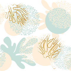 Sierkussen Tropische bladerprint patronen Pastel maritiem patroon met gouden stippen  © Mary Long