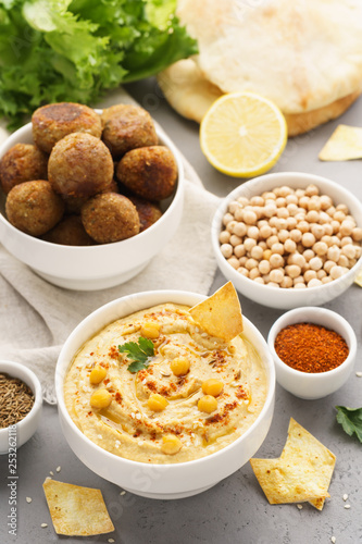 Traditional homemade hummus and falafel served with pita, chips.
