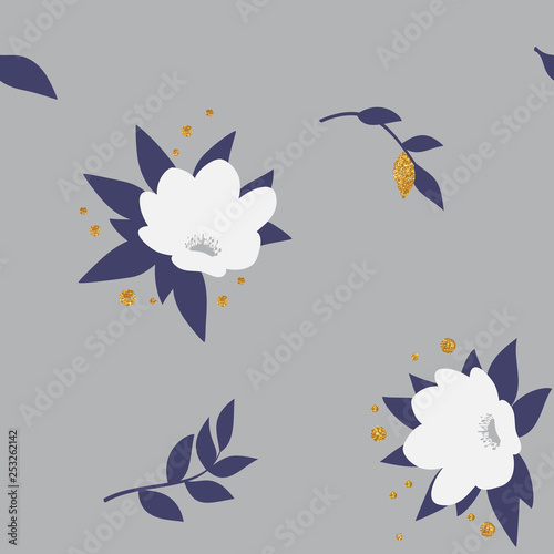 Abstract Colorful seamless pattern with dark blue leaves  white flowers and gold glitter elements on gray background. vector
