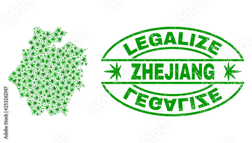 Vector cannabis Zhejiang Province map collage and grunge textured Legalize stamp seal. Concept with green weed leaves. Template for cannabis legalize campaign.