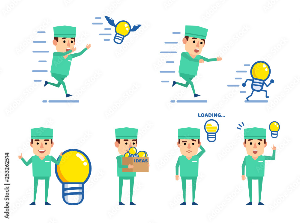 Set of doctor characters posing with idea light bulb in various situations. Cheerful doctor chasing idea, running, thinking and showing other actions. Flat design vector illustration