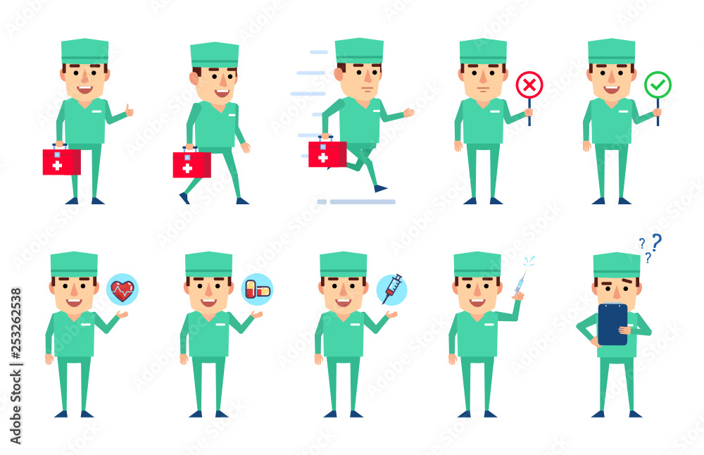 Set of doctor characters showing diverse actions. Cheerful doctor holding medical bag, running, walking and showing other actions. Flat design vector illustration Set of doctor characters showing diverse actions. Cheerful doctor holding medical bag, running, walking and showing other actions. Flat design vector illustration