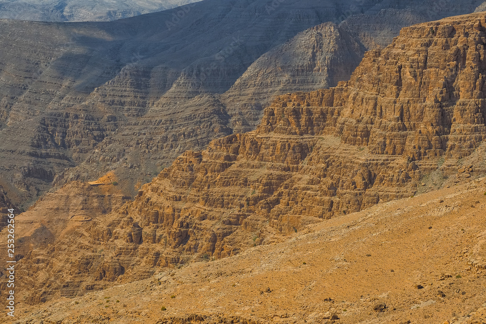 Fantastic mountain landscape. Ru'us al Jibal. al Hajar Mountains. Musandam. Oman