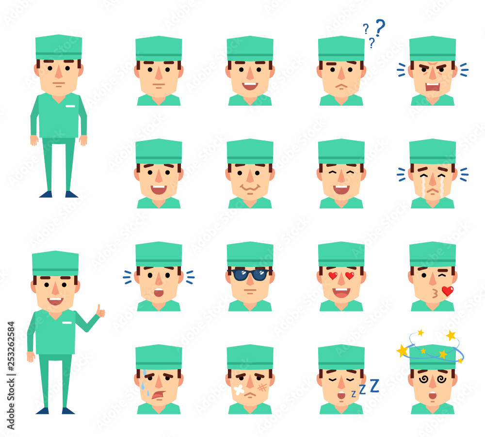 Set of doctor emoticons showing various facial expressions. Happy, sad, angry, laugh, surprised, tired, in love and other emotions. Flat design vector illustration Set of doctor emoticons showing various facial expressions. Happy, sad, angry, laugh, surprised, tired, in love and other emotions. Flat design vector illustration