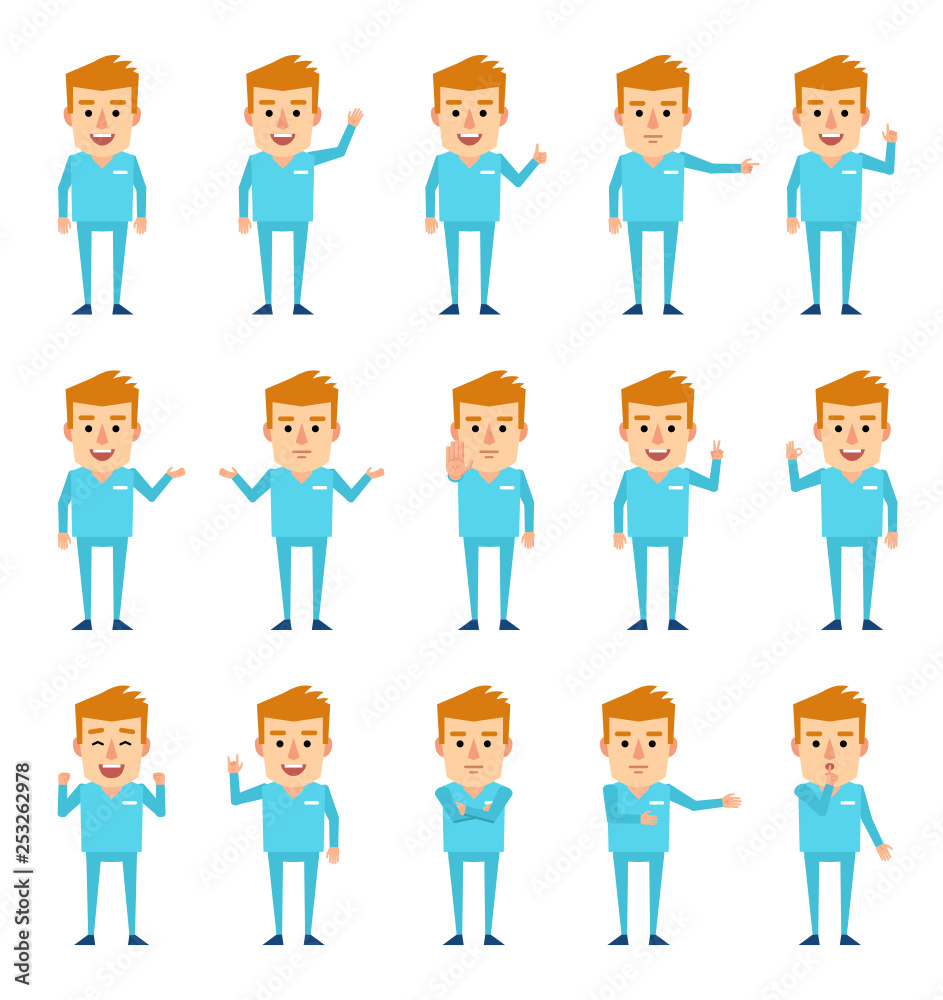 Set of doctor characters showing various hand gestures. Cheerful doctor pointing, greeting, showing thumb up and other gestures. Flat design vector illustration Set of doctor characters showing various hand gestures. Cheerful doctor pointing, greeting, showing thumb up and other gestures. Flat design vector illustration
