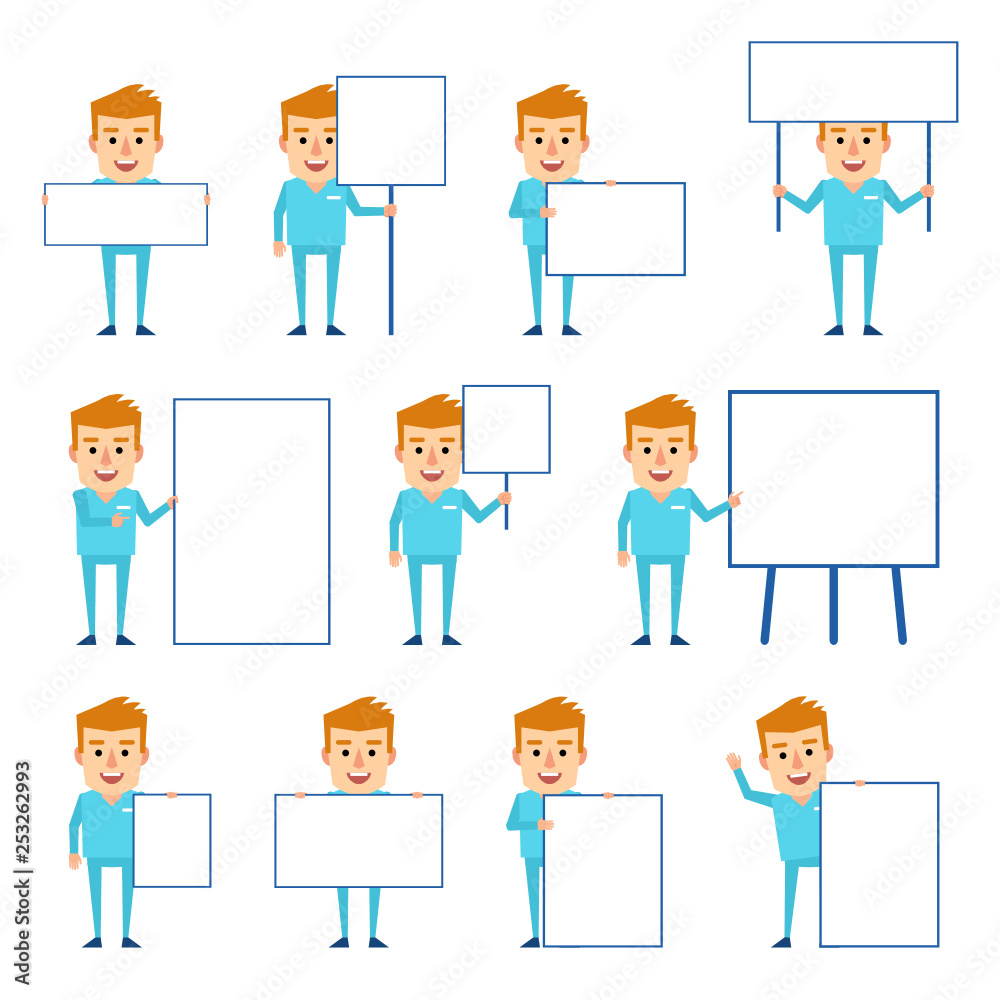 Set of doctor characters posing with various blank signboards. Cheerful doctor holding banner, paper, placard, pointing to whiteboard. Flat design vector illustration Set of doctor characters posing with various blank signboards. Cheerful doctor holding banner, paper, placard, pointing to whiteboard. Flat design vector illustration