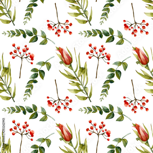 Wallpaper Mural Watercolor flourishing protea, green branches and red berries seamless pattern, hand painted on a white background Torontodigital.ca