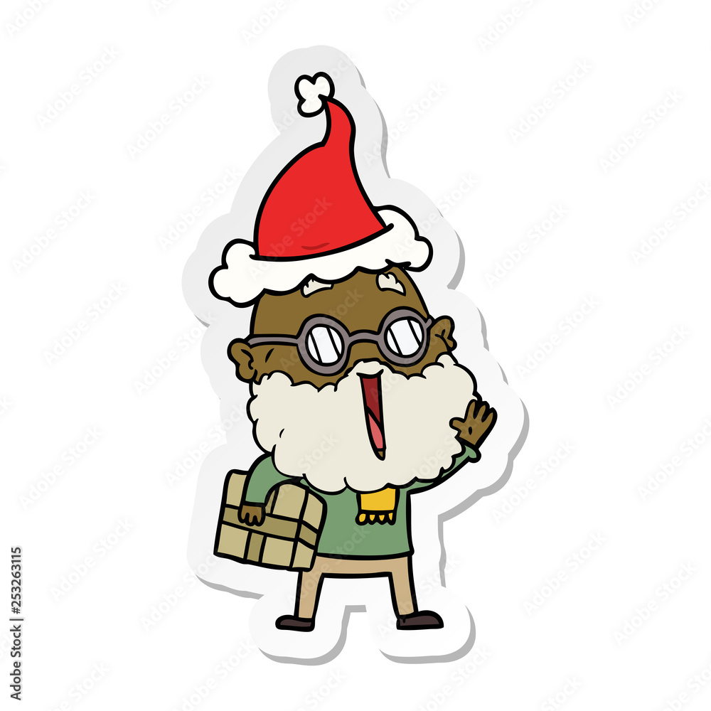 sticker cartoon of a joyful man with beard and parcel under arm wearing santa hat