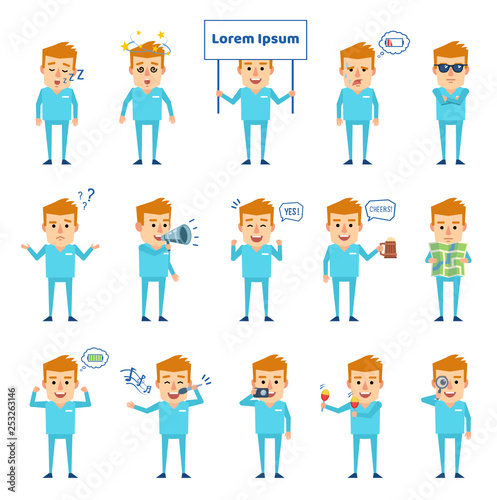 Set of doctor characters showing diverse actions. Cheerful doctor singing, holding signboard, loudspeaker and showing other actions. Flat design vector illustration