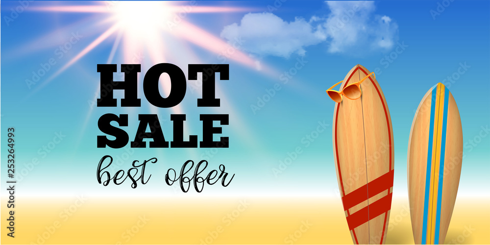 Summer sale design with surf board native graffiti on the blue ocean background with sea life and realistic sun flare. Big sale poster.
