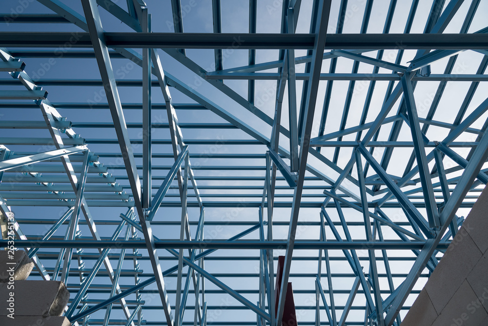 Structure of steel roof frame for building construction.