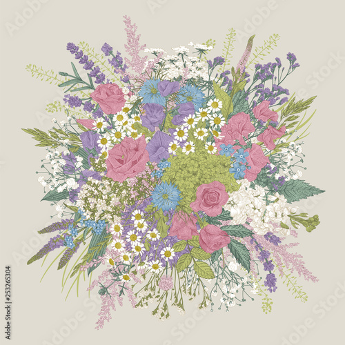 Summer bouquet. Rustic. Meadow and garden flowers. Vector vintage illustration.