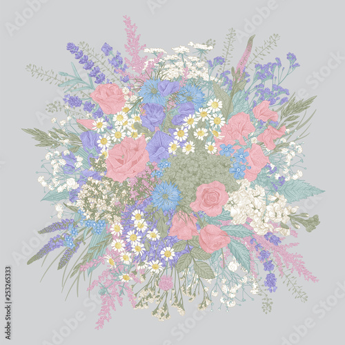 Summer bouquet. Rustic. Meadow and garden flowers. Vector vintage illustration. Pastel color