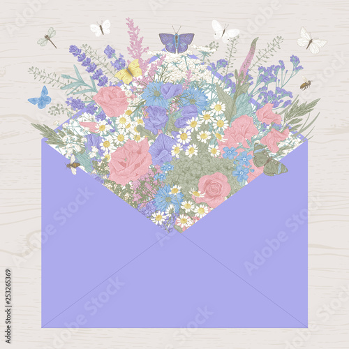 Summer bouquet. Rustic. Meadow and garden flowers. Vector vintage illustration. Violet envelope