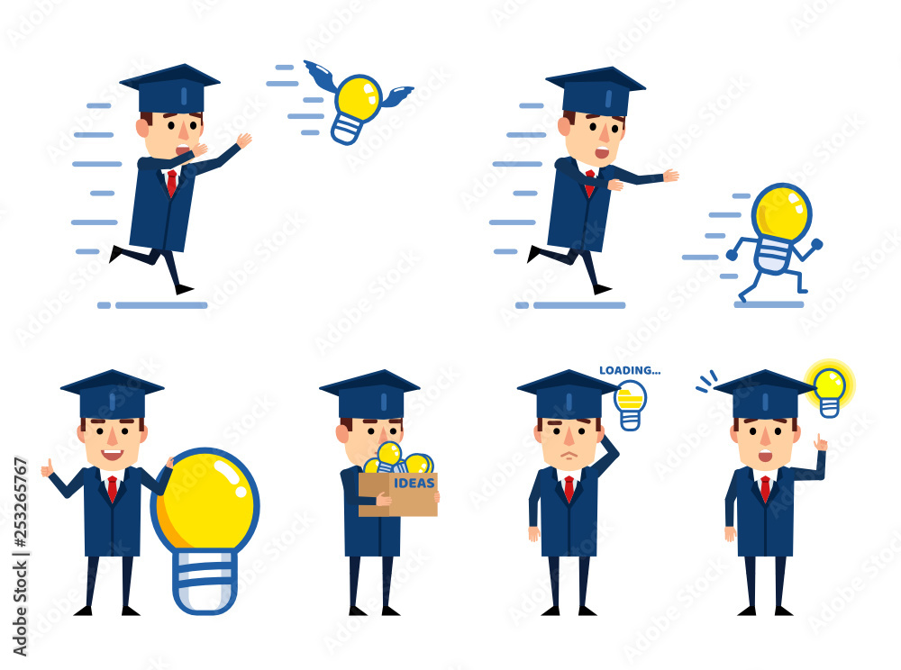 Set of graduate student characters posing with idea light bulb in various situations. Cheerful graduate thinking, holding box full of ideas and showing other actions. Flat vector illustration