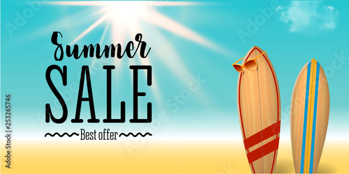 Summer sale design with surf board native graffiti on the blue ocean background with sea life and realistic sun flare. Big sale poster.
