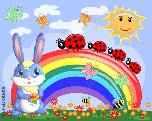 Bunny with a bouquet in a meadow near the rainbow. Spring  love