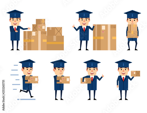 Set of graduate student characters posing with parcel box in various situations. Cheerful graduate holding package, running and showing other actions. Flat design vector illustration