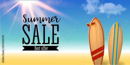 Summer sale design with surf board native graffiti on the blue ocean background with sea life and realistic sun flare. Big sale poster.