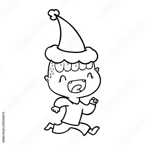 line drawing of a happy boy laughing and running away wearing santa hat