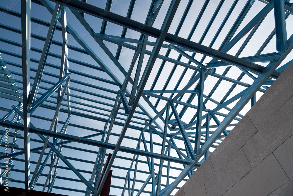 Structure of steel roof frame for building construction.