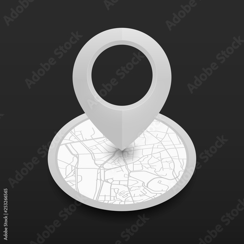 Isometric location pin with radius city map. icon design whitecolor on black background