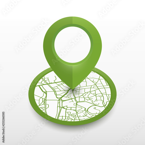 Isometric location pin with city map. icon design greencolor
