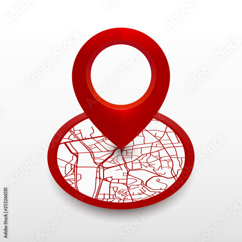 Isometric location pin with city map. icon design redcolor on white background