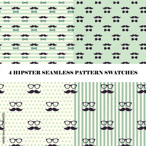 Vector set of 4 hipster seamless repeat pattern swatches. Digital paper with glasses, mustache and bow ties in brown and green colors. Hipster background.