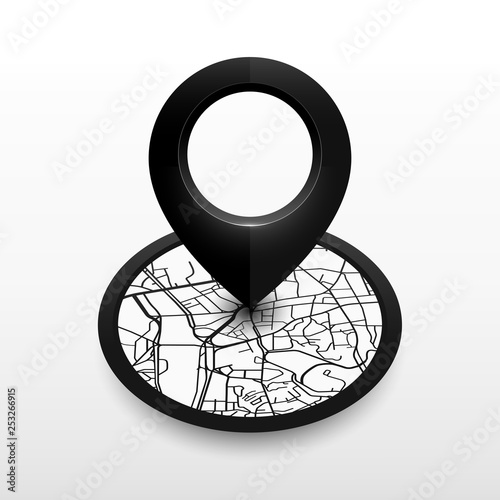 Isometric location pin with city map. icon design blackcolor.