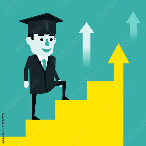 Cheerful graduate student stands on growth chart stairs. Successful career after graduation concept. Flat style vector illustration