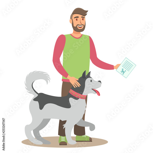 Man with Husky Flat Vector Color Illustration
