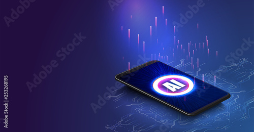 	 Isometric smartphone with digital logo AI. Vector Illustration artificial Intelligence landing page. Website template for ai machine deep learning technology sci-fi concept.
