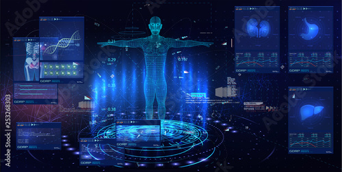 Medical examination in style HUD GUI. Medical Health Care Human Virtual Body Hi Tech Diagnostic Panel. Modern medical science in future and global international medical with tests analysis clone DNA