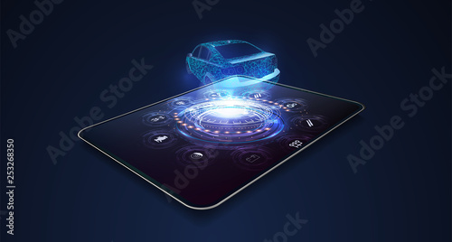 Designing a car on a tablet. Hologram of the car of the future in style HUD UI GUI. Abstract virtual graphic touch user interface. Vector