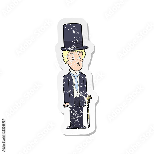 retro distressed sticker of a cartoon man wearing top hat