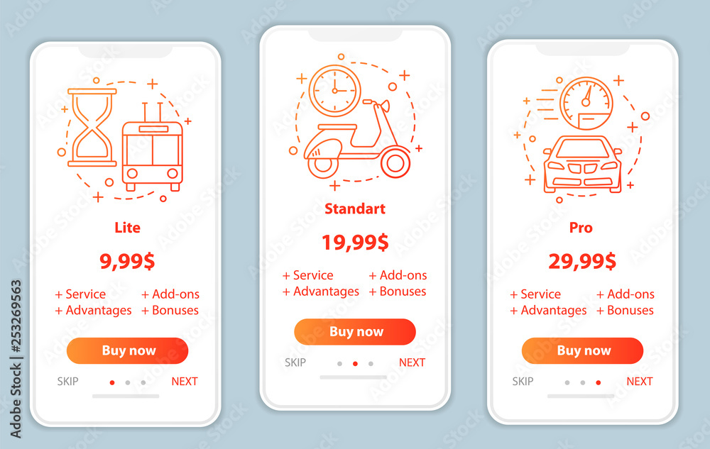 Naklejka premium Tariff plans onboarding mobile app screens vector templates
